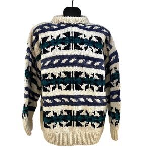 Handmade Ecuadorian Wool Thick Chunky Knit Stripe Sweater Unisex Ecru